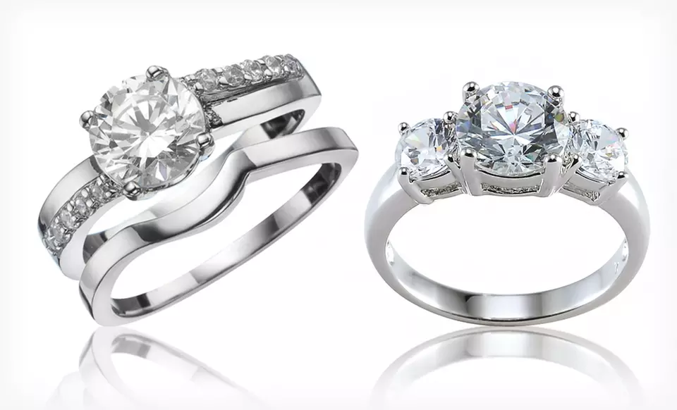 $8.99 for Cubic Zirconia and Rhodium-Plated Brass Engagement or Wedding Ring Sets ($52.99 List Price). Free Returns. - Primary Image