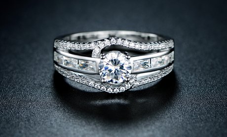 18K White Gold-Plated 3-Tier Baguette Engagement Ring by Barzel