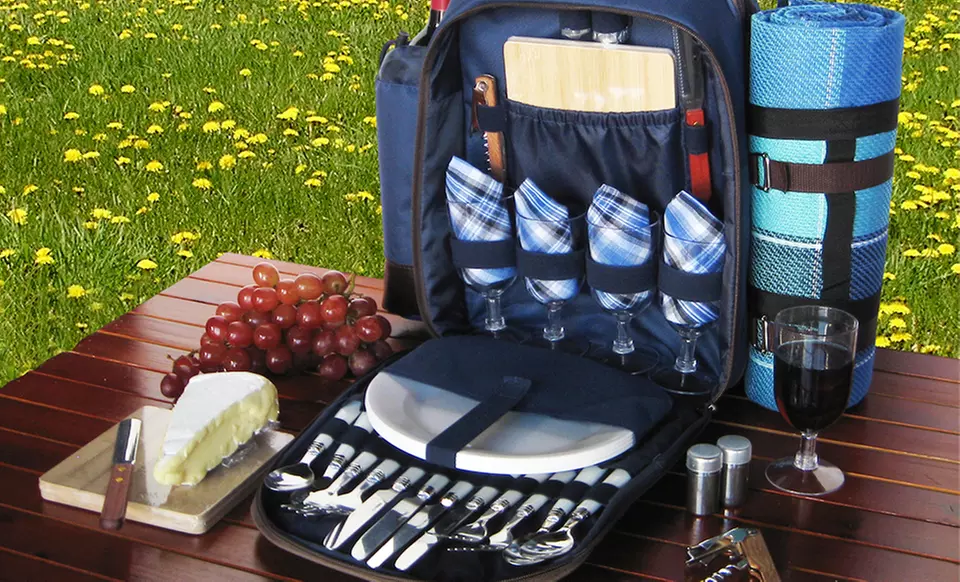 Blue Picnic Backpack with an Insulated Cooler, Plaid Blanket, and Picnic Essentials for Four - Primary Image