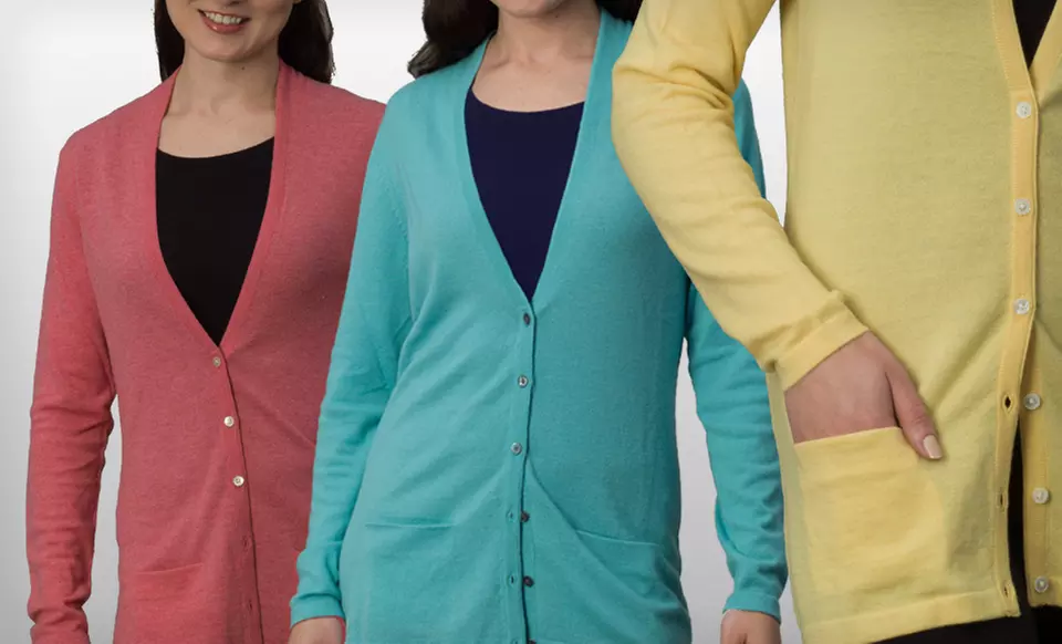 $29.99 for a Women's Cashmere Mendocino Cardigan Sweater in Pink, Teal, or Yellow ($175 List Price) - Primary Image