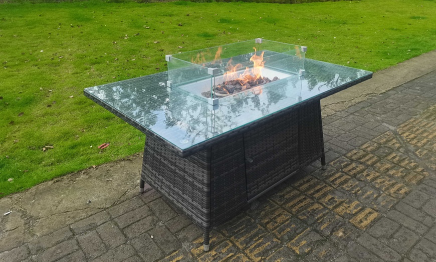 Image 3: Fimous Dark Grey Rattan-Effect Fire Pit Table with Tempered Glass