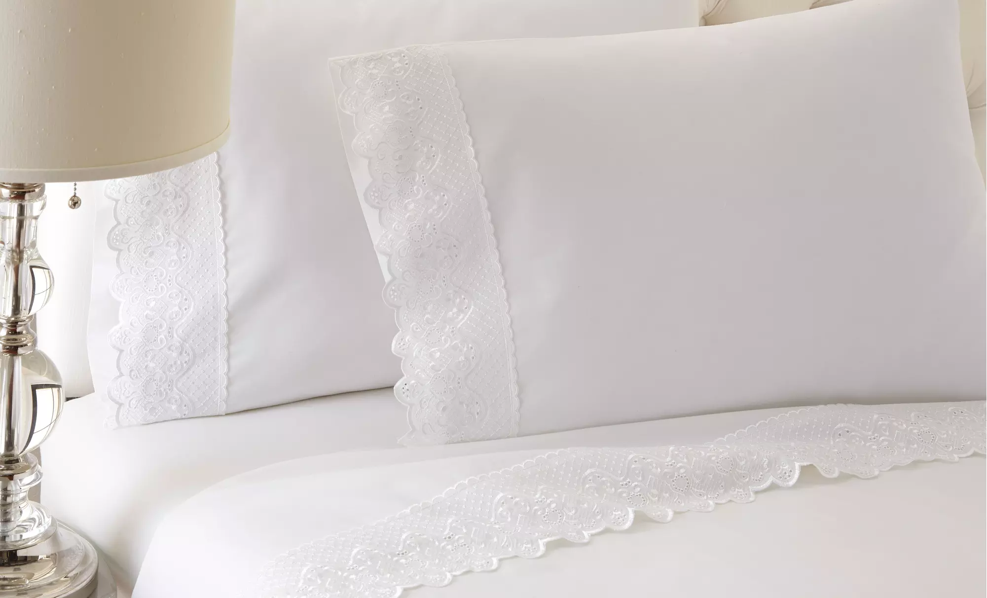 100% Cotton Sheet Set with Lace Trim. Multiple Styles and Sizes Available from $39.99–$49.99. - Primary Image
