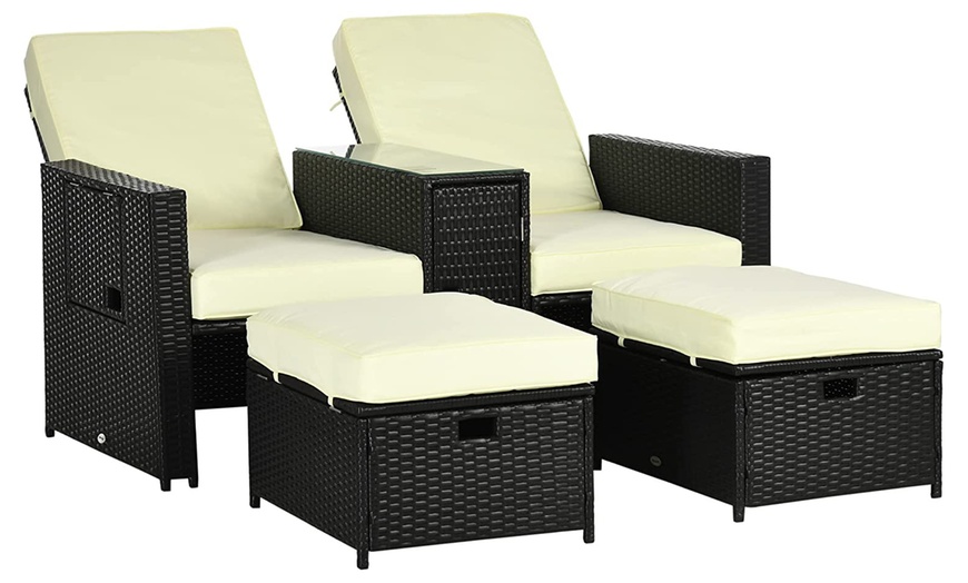 Image 3: Outsunny 5 Piece Recliner Rattan Sun Lounger Set