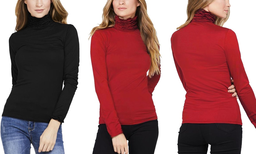 Image 26: Ruffled Polo Neck Jersey Tops