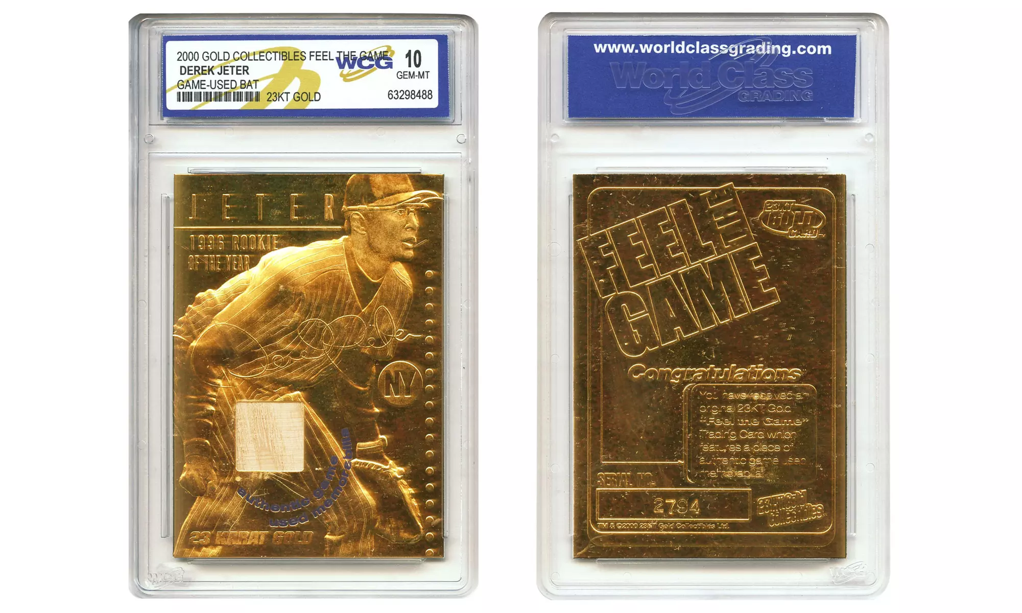 Derek Jeter Game-Used Bat Piece 23K Gold Embossed Card; Graded MT 10 - Primary Image