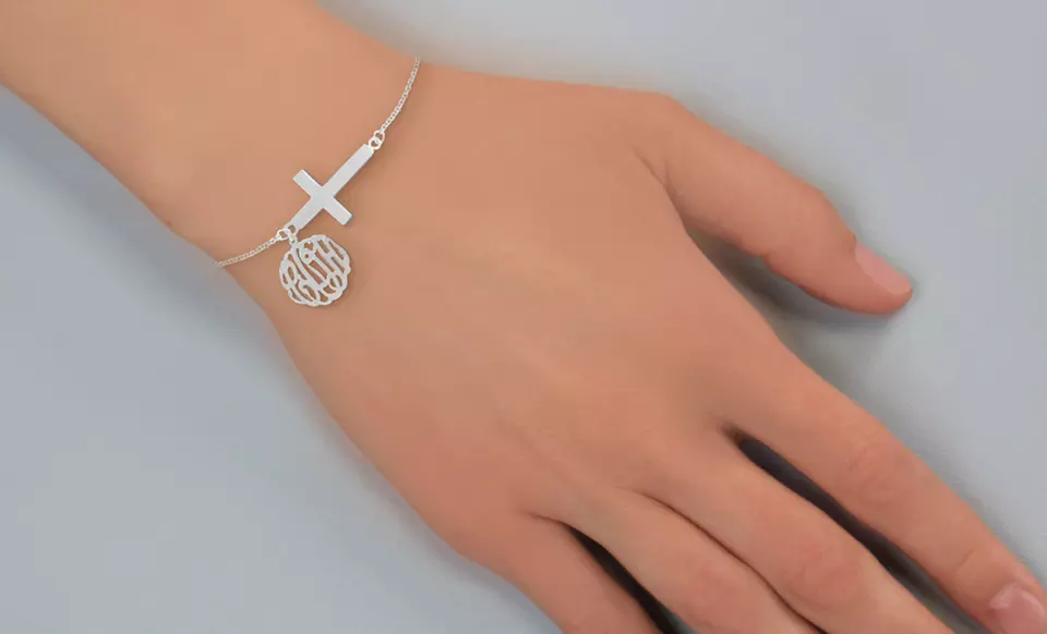 Monogram Anklet or Bracelet with a Sideways Cross Charm in Sterling Silver or Yellow or Rose Gold from $39.99–$44.99 - Second Medium