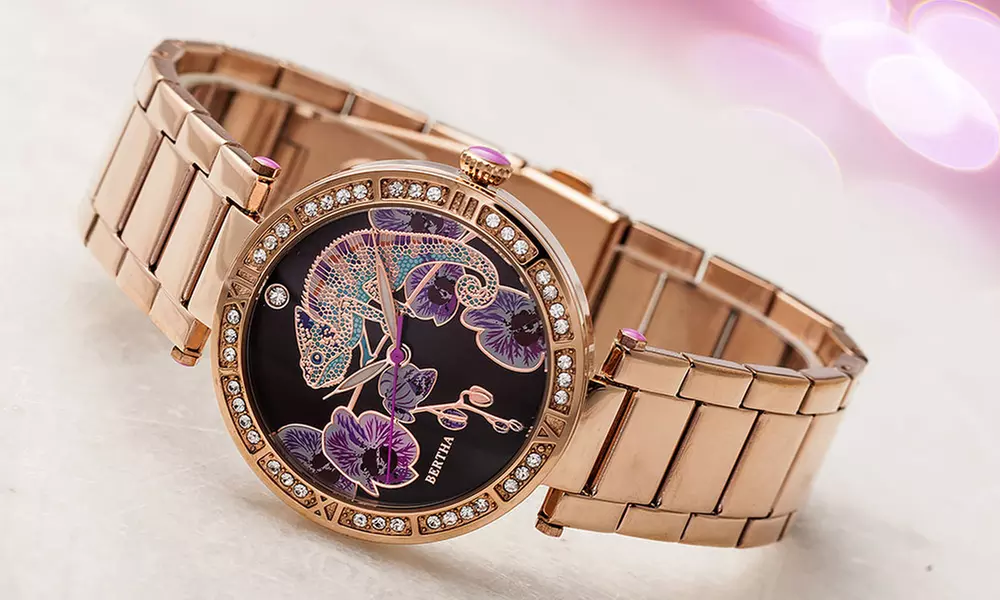 Montre nacre "Camilla" bracelet cuir ou acier de Bertha avec lunette périphérique en cristal, pour femme - Primary Image
