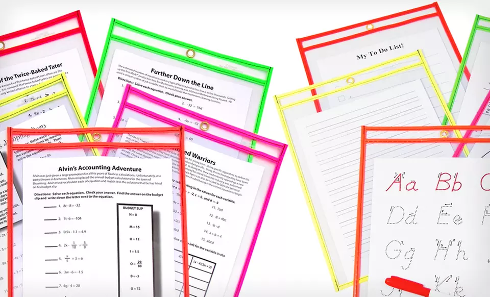 Set of 10 Small or Large C-Line Reusable Dry-Erase Worksheet Pouches (Up to 57% Off). Free Returns. - Second Medium
