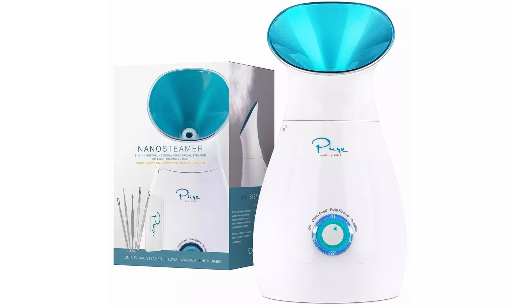 3-in-1 Multifunctional Nano Ionic Facial Steamer with 5-Piece Stainless Steel Skin Kit - Primary Image