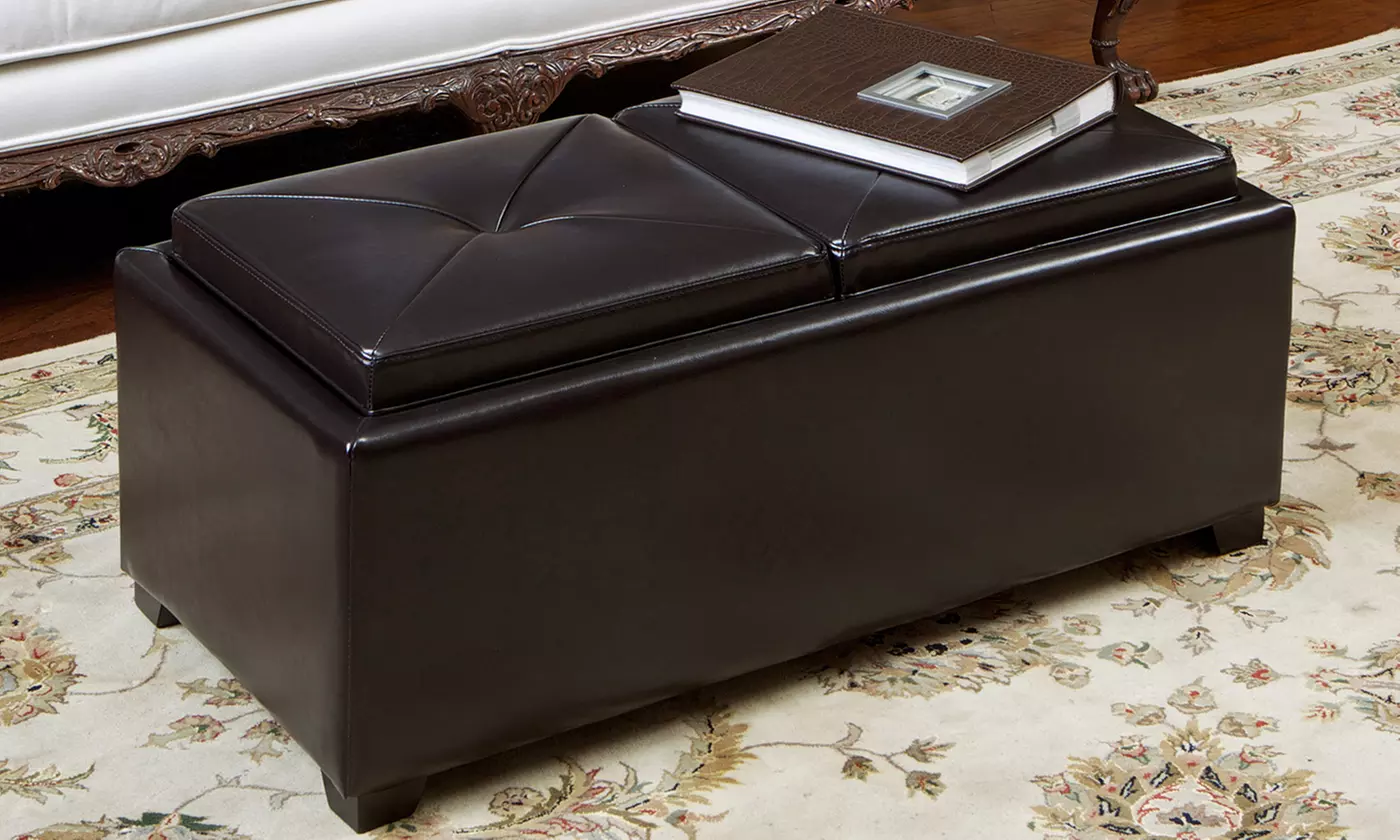 Contemporary Bonded-Leather Double-Tray-Top Storage Ottoman - Second Medium