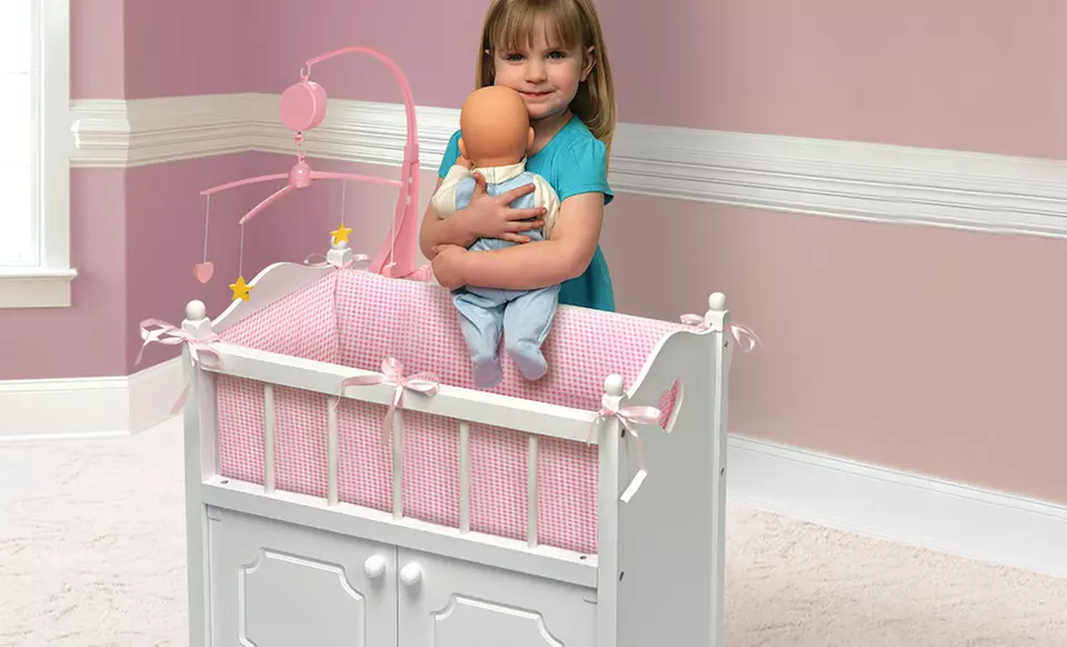 Badger Basket Deluxe Doll Crib with Storage Compartment, Musical Mobile, Bedding, and Wheels. Free Returns. - Primary Image