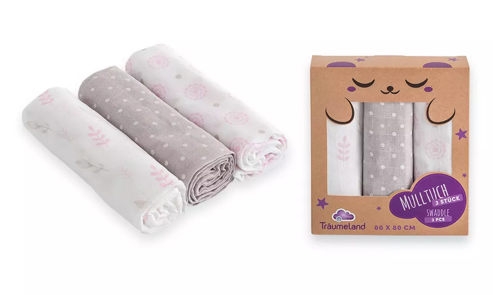 Lot de 3 langes pour bébé de Traumeland, 80 x 80 cm - Second Medium