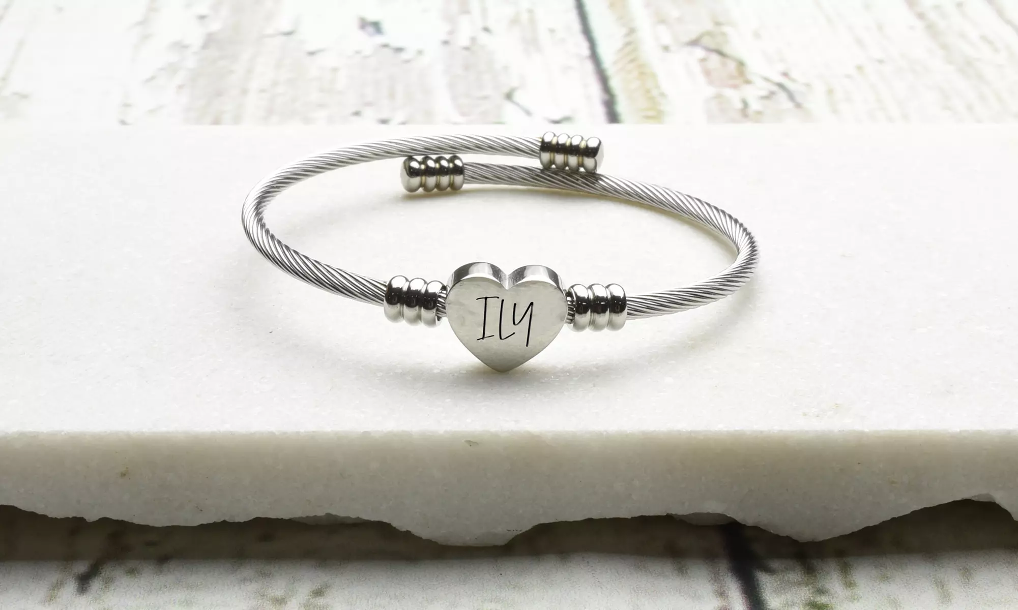 One, Two, or Three Personalized Solid Stainless Steel Bypass Heart Cable Bracelets (Up to 76% Off) - Second Medium