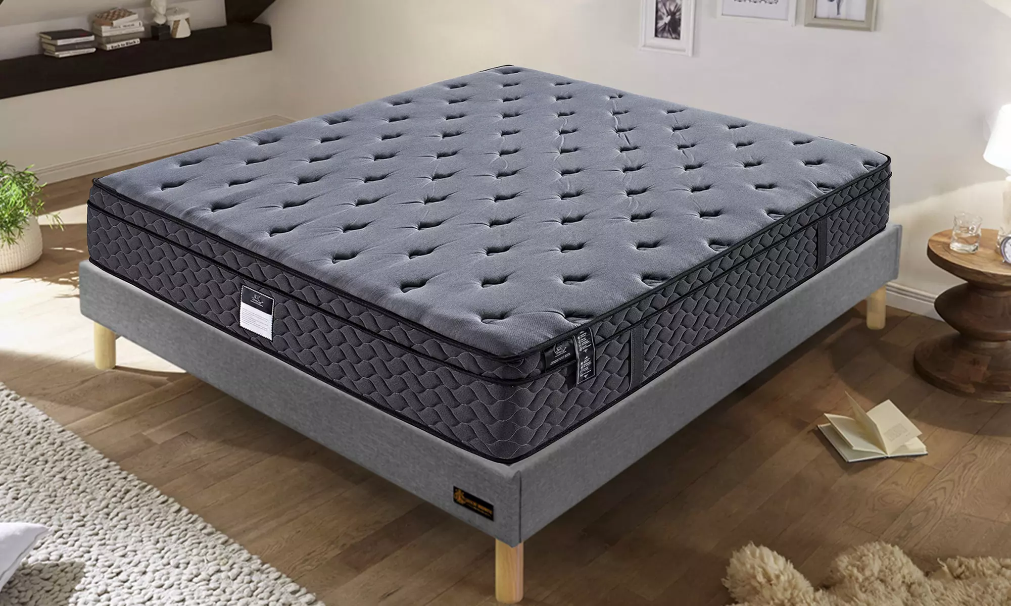 Lit "Miami" en tissu, pieds inclus et arrêt matelas et lattes, Sampur