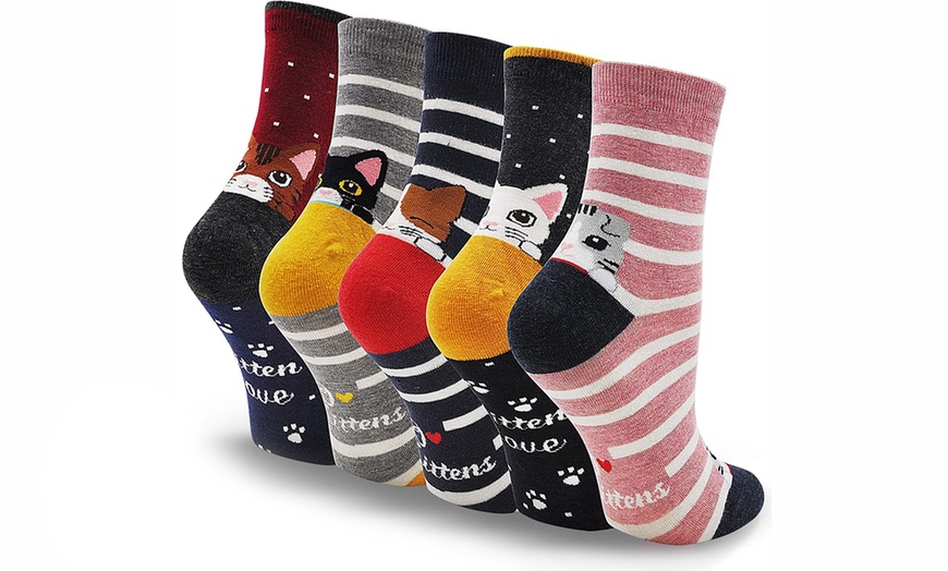 Image 8: 1 oder 5 Paare Damen-Socken mit Katzen-Motiven