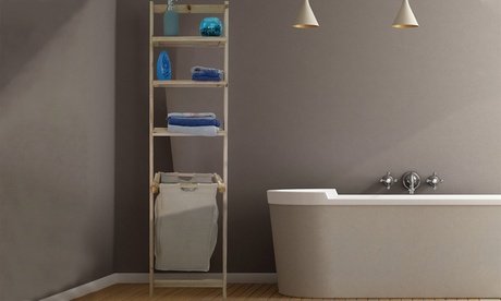 Scaffale in legno 3 ripiani con cesta porta biancheria in stoffa