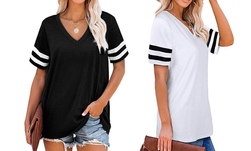 Women's Striped Sleeve V-Neck T-Shirt | Groupon