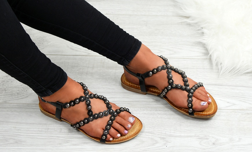 Image 1: Pearl-Studded Flat Sandals