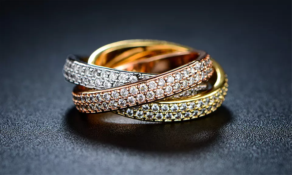 18K Tri Gold Plated Cubic Zirconia Rolling Ring Made with Swarovski Elements - Primary Image