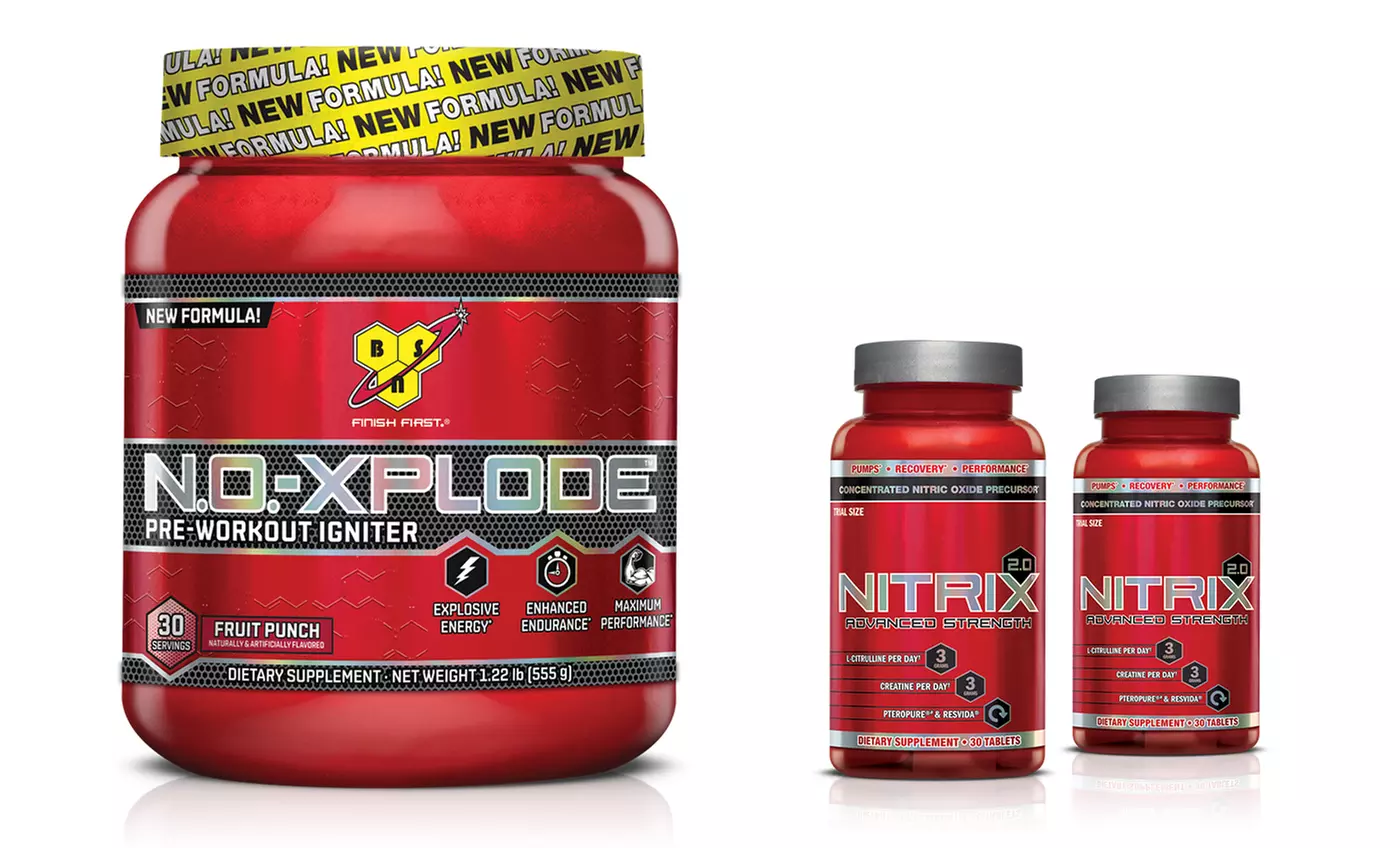 30 Servings of N.O.-Xplode Preworkout Ignitor with 2 30-Count Bottles of Nitrix 2.0 - Second Medium