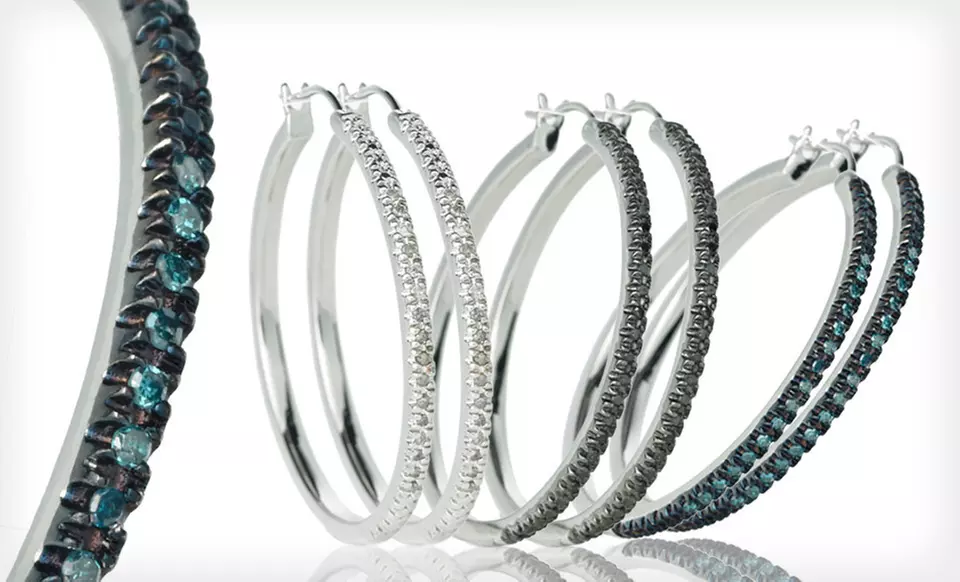 Silver-Plated Hoop Earrings with Black, Blue, or White Diamonds (Up to 79% Off). Free Shipping. - Primary Image