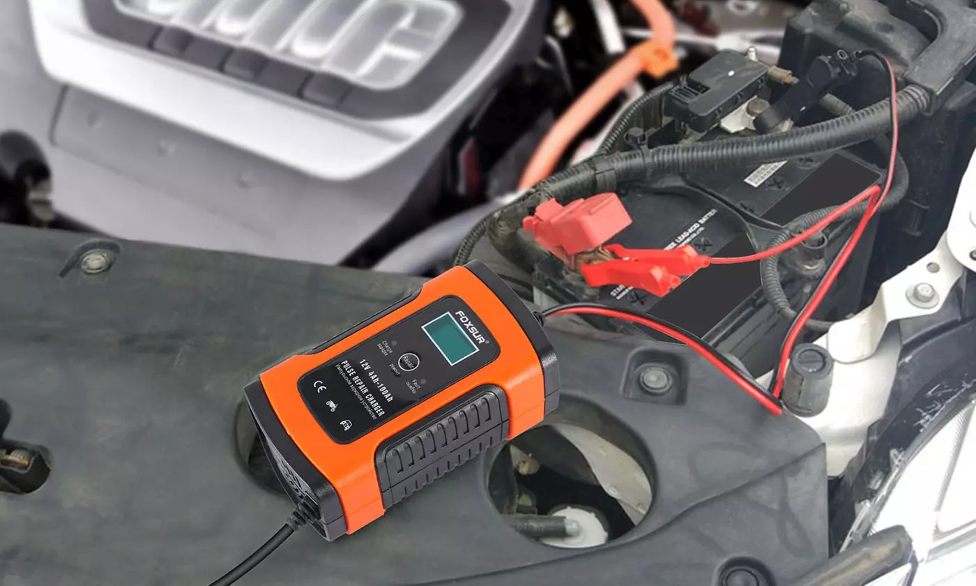 FOXSUR 12V Automatic Smart Pulse Car Battery Repair Charger with LCD Display - Primary Image