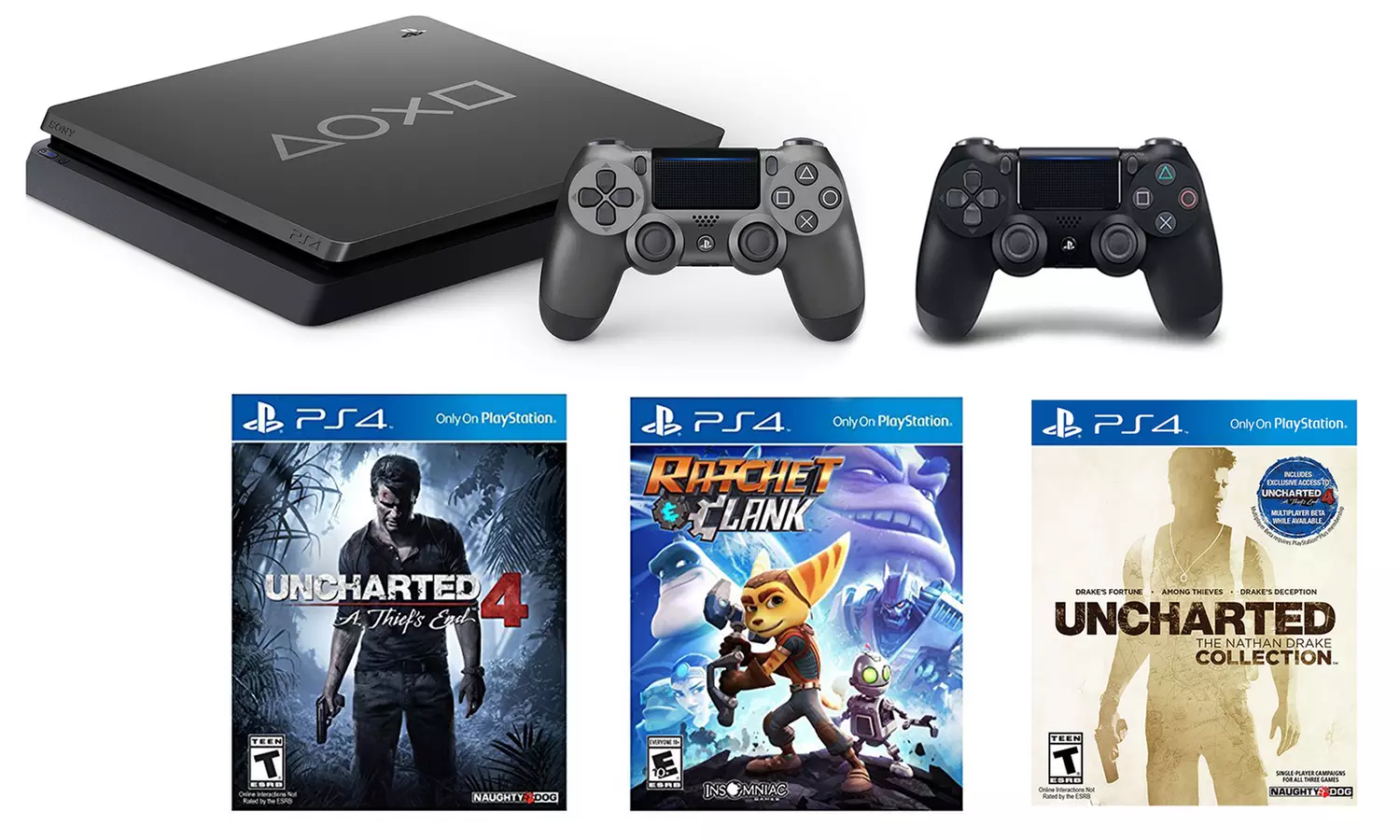 PlayStation 4 Limited Edition Days of Play Console with Uncharted 1-4, Ratchet and Clank, and Extra Controller - Primary Image