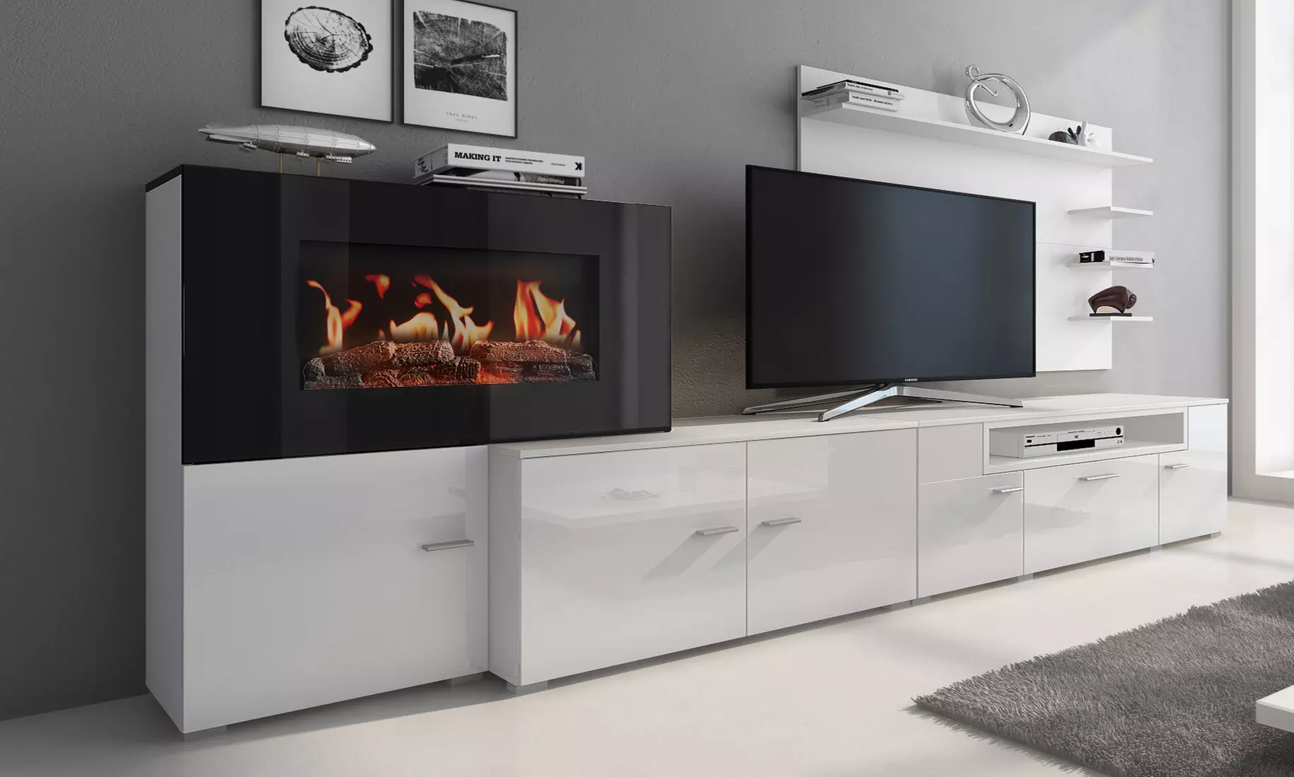 Wohnzimmer-Set mit elektrischem Kamin in der Farbe nach Wahl, inkl Versand - Primary Image