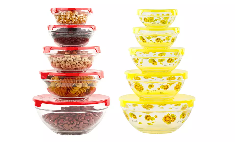 Set of 5 Printed Glass Bowls with Lids - Primary Image