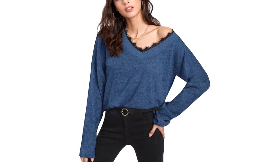 Image 2: Lace Trim V-Neck Sweater