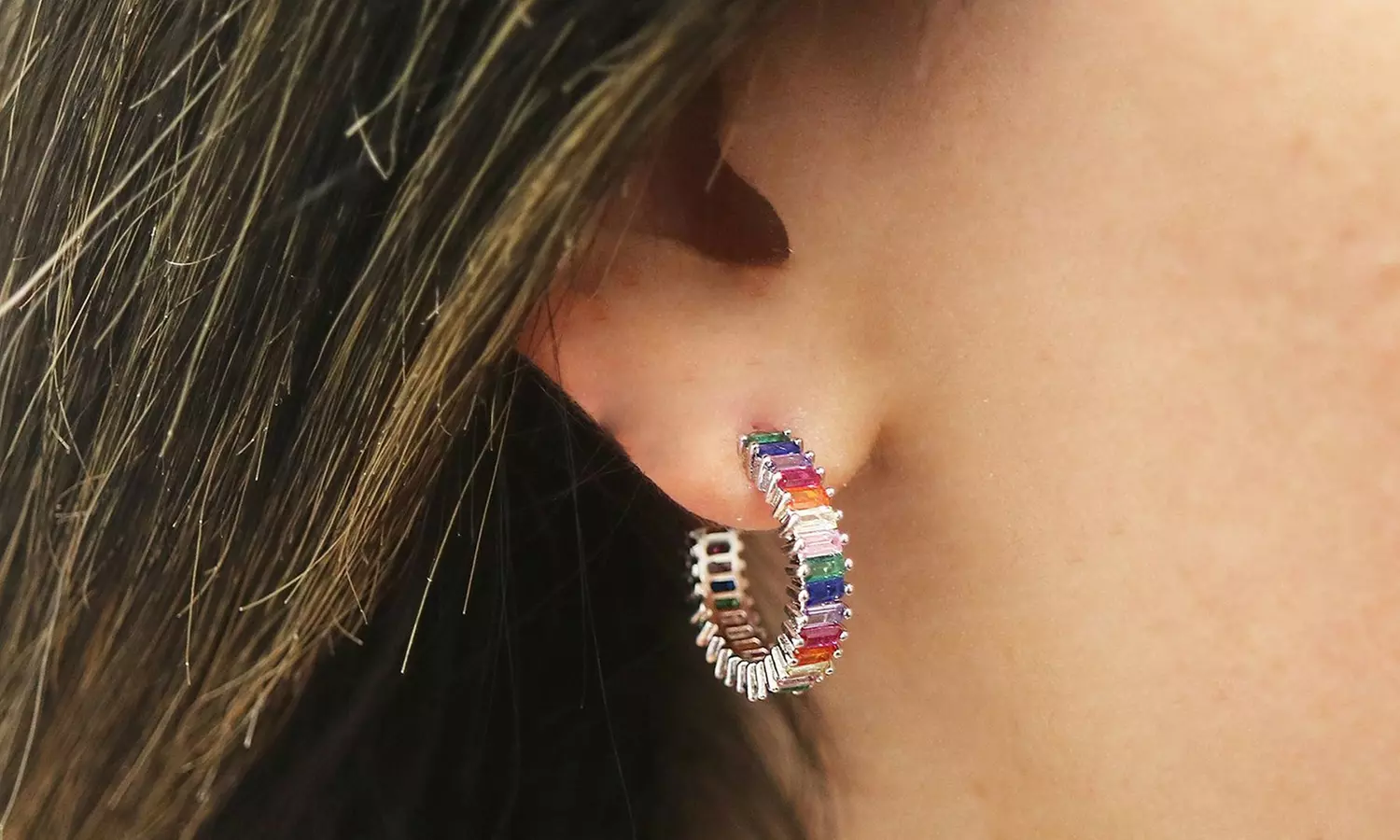 14k White Gold Plated Cubic Zirconia Multicolor Rainbow Round Hoop Stud Earrings