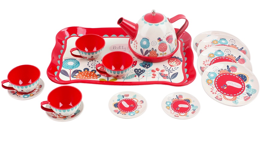 Image 8: 14-Piece Die-Cast Pretend Role Play Tea Set with Portable Carry Case