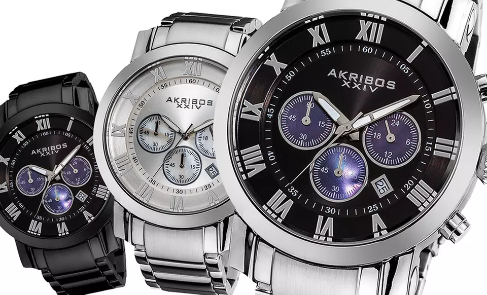 Akribos XXIV Men's Chronograph Watch in Black, Black/Silver, or Silver. Free Returns. - Primary Image