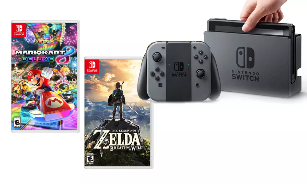Nintendo Switch Game System (Gray) with "The Legend of Zelda" and "Mario Kart 8 Deluxe" - Primary Image