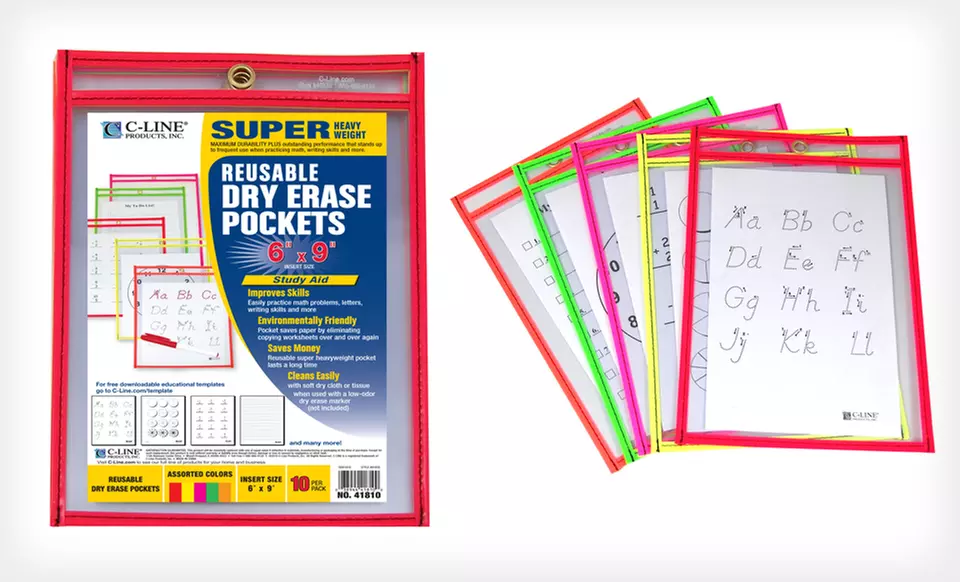 Set of 10 Small or Large C-Line Reusable Dry-Erase Worksheet Pouches (Up to 57% Off). Free Returns. - Primary Image