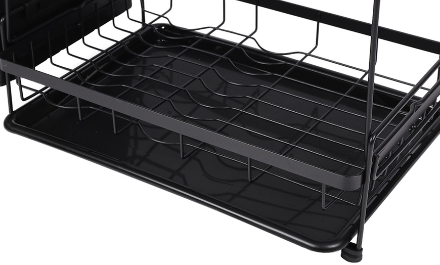 Image 4: Black 2-Tier Dish Drying Rack with Drain Trays and Utensil Holder