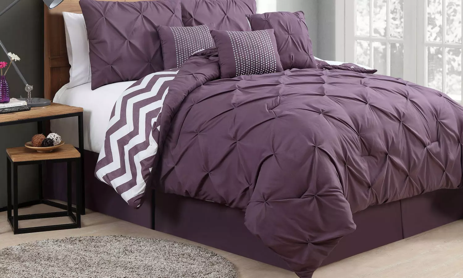 Pinch-Pleat and Chevron-Stripe Reversible Comforter Set (7-Piece). Multiple Options Available. - Primary Image