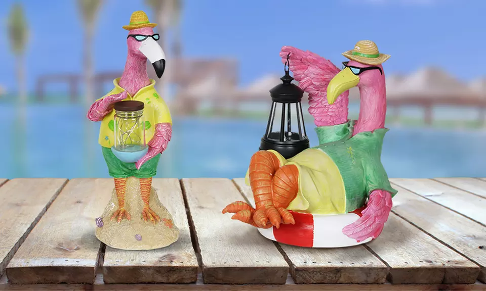 Hand Painted Solar Flamingo Garden Statue with LED Lights - Primary Image
