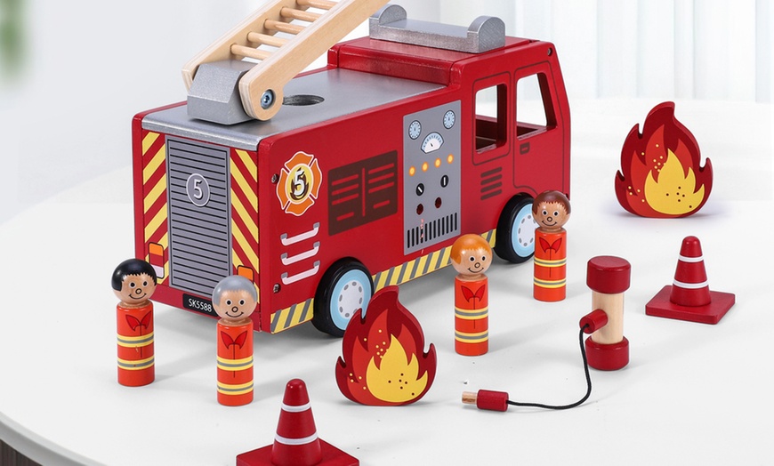 Image 3: SOKA Wooden Fire Engine Truck with Firefighter Figurines