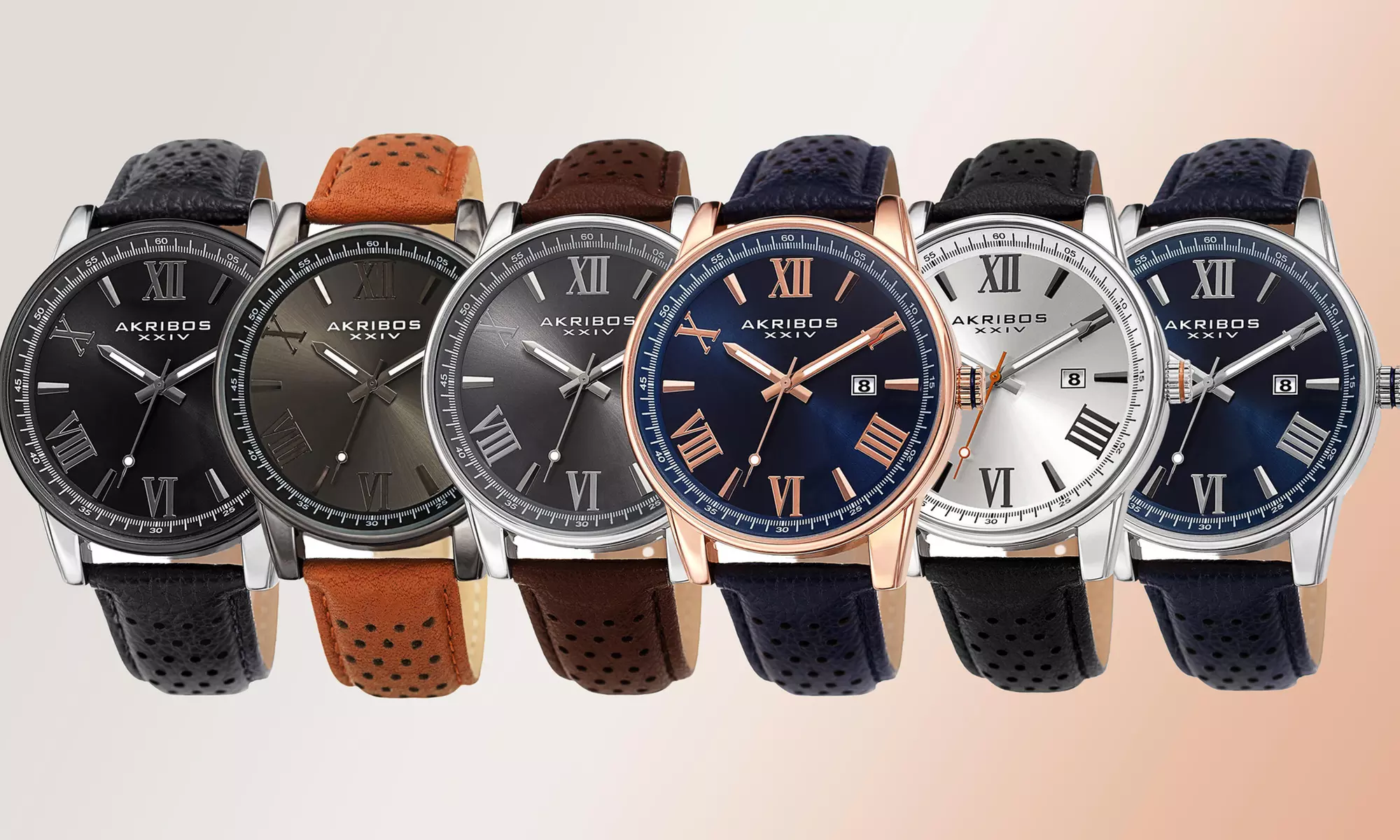 Akribos XXIV Men's Bold Marker Sunray Dial Perforated Genuine Leather Strap Watch - Primary Image