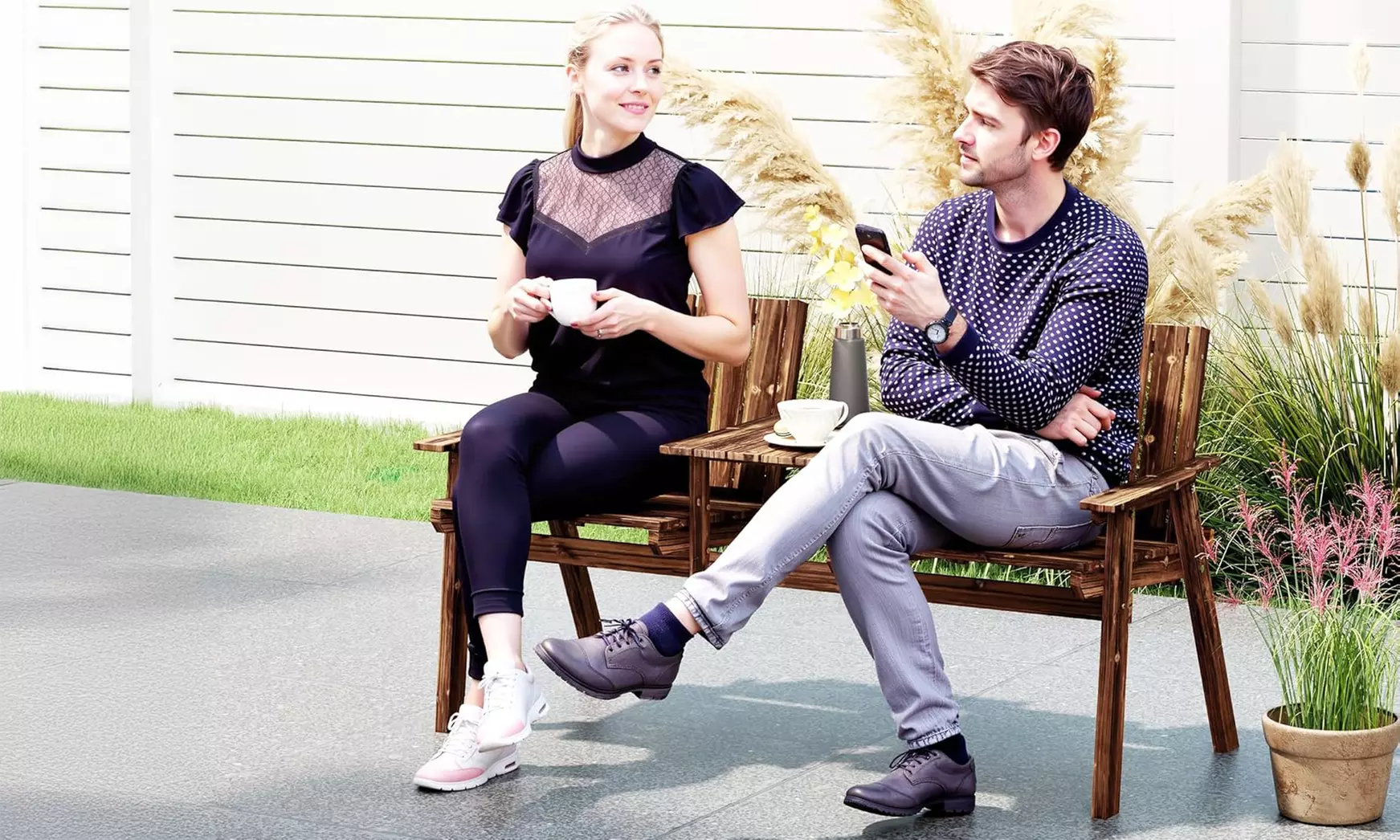 Outsunny 2-Seater Wooden Bench with Centre Table