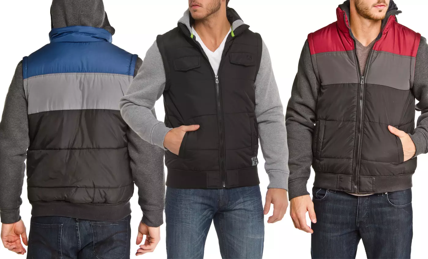 Distortion Men's Nylon Vest Jacket with Attached Fleece Sleeves and Hood - Primary Image