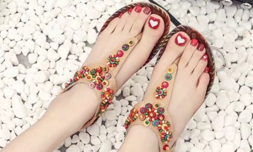 Image 5: Boho Beaded Toe Post Flip Flop Sandals