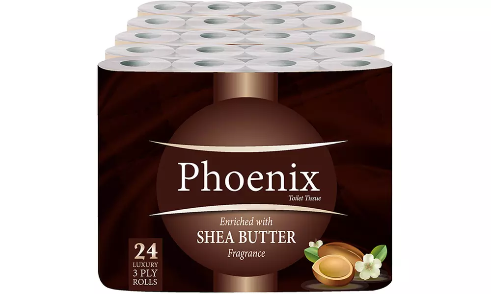 12, 24, 48, 60 or 120 Rolls Phoenix Three-Ply Shea Butter Toilet Paper