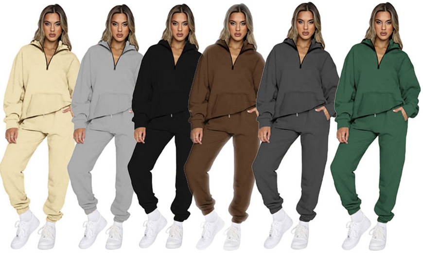 Image 1: Women Two-Piece Hooded Half Zip Sweatshirt Tracksuit Set