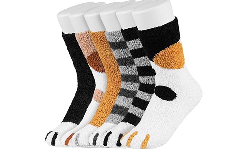 Image 1: Fleece Cat Paw Socks Six-Pack