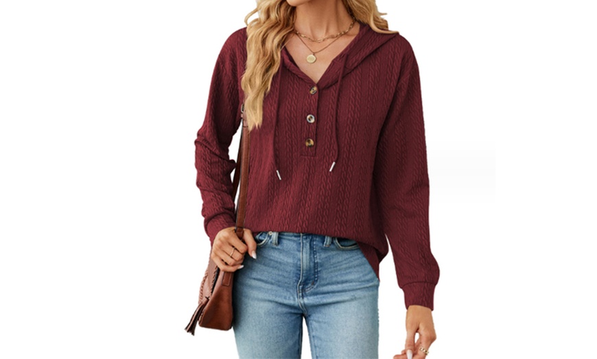 Image 10: Women's Hooded Button Up Long Sleeve Sweater Top