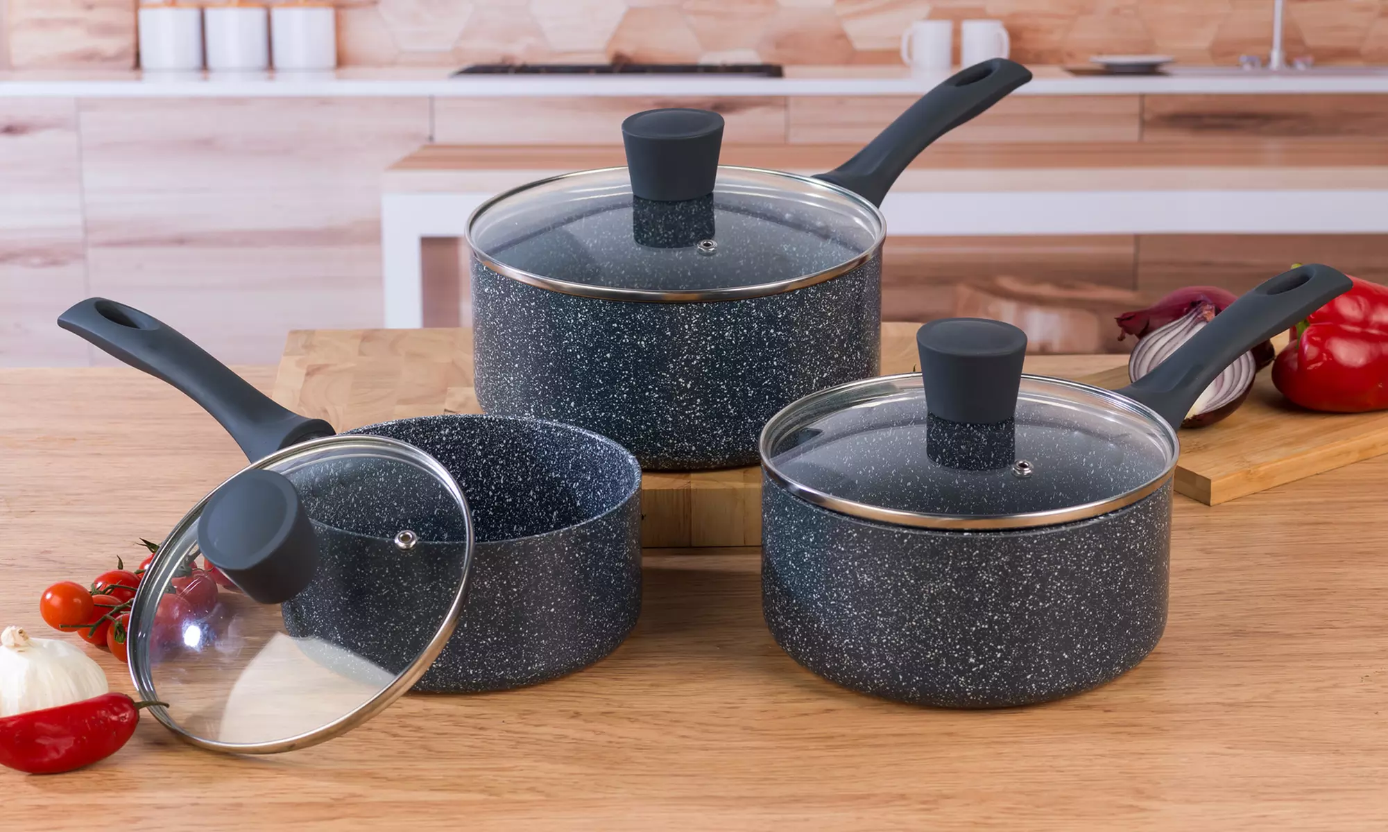 Russell Hobbs Three Blue Marble Non-Stick Saucepans - Primary Image