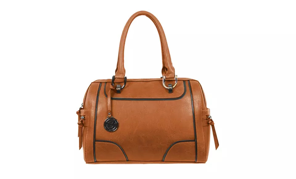 London Fog Ashford Tote or Barrel Satchel in Cognac or Plaid/Cognac. - Second Medium