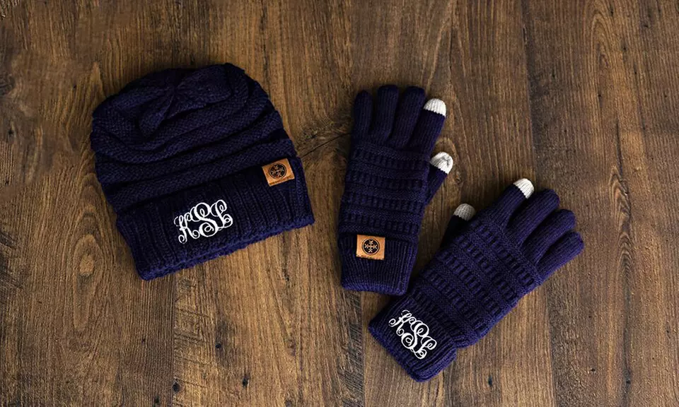 One, Two, Three, Five, or 10 Monogrammed Knit Beanies and Gloves Gift Sets from Qualtry (Up to 84% Off) - Second Medium